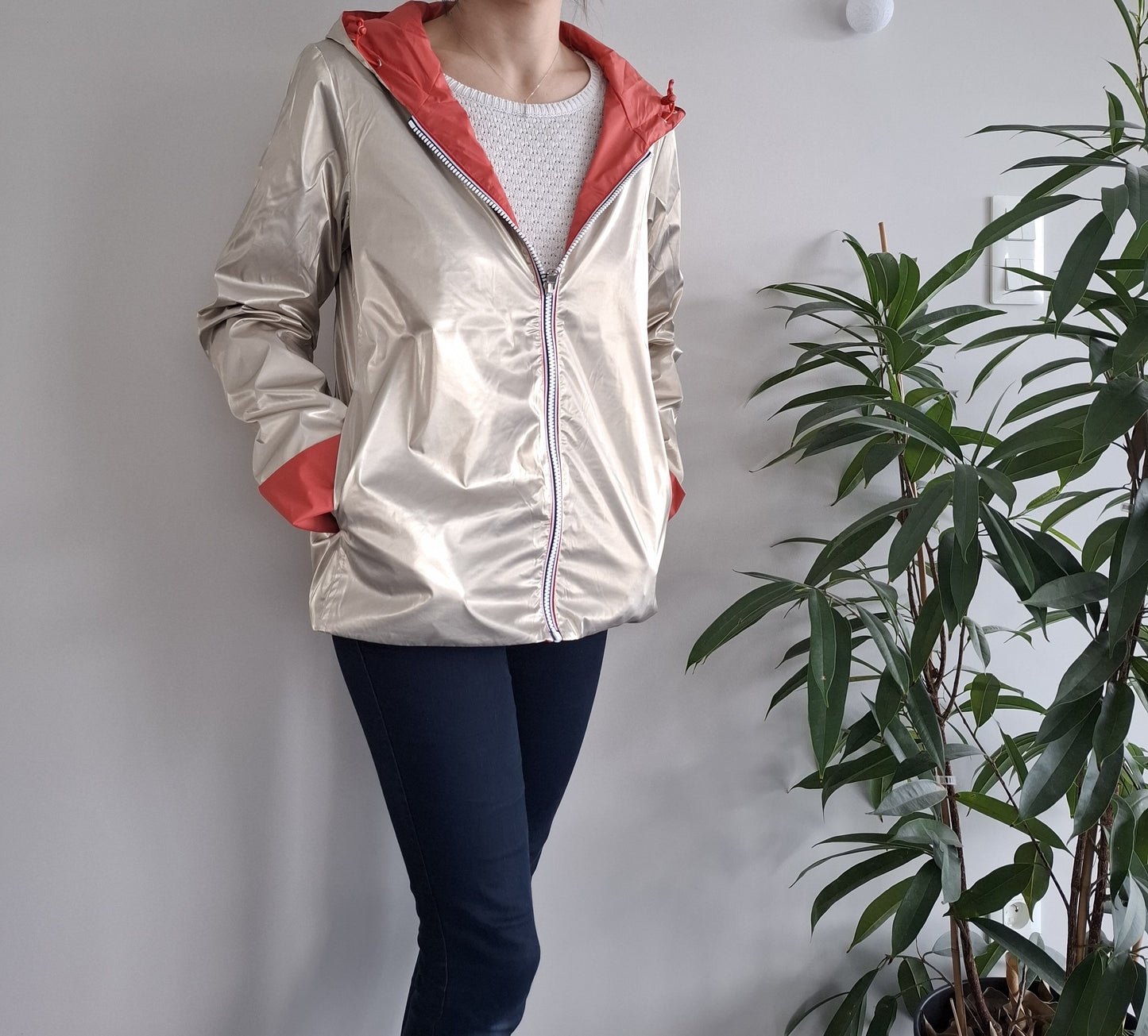 Laura Jo - Imperméable réversible court sans garnissage ouate couleur corail/doré