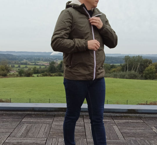 Laura Jo - Manteau imperméable kaki HOMME fourré court, doublé en sherpa blanc