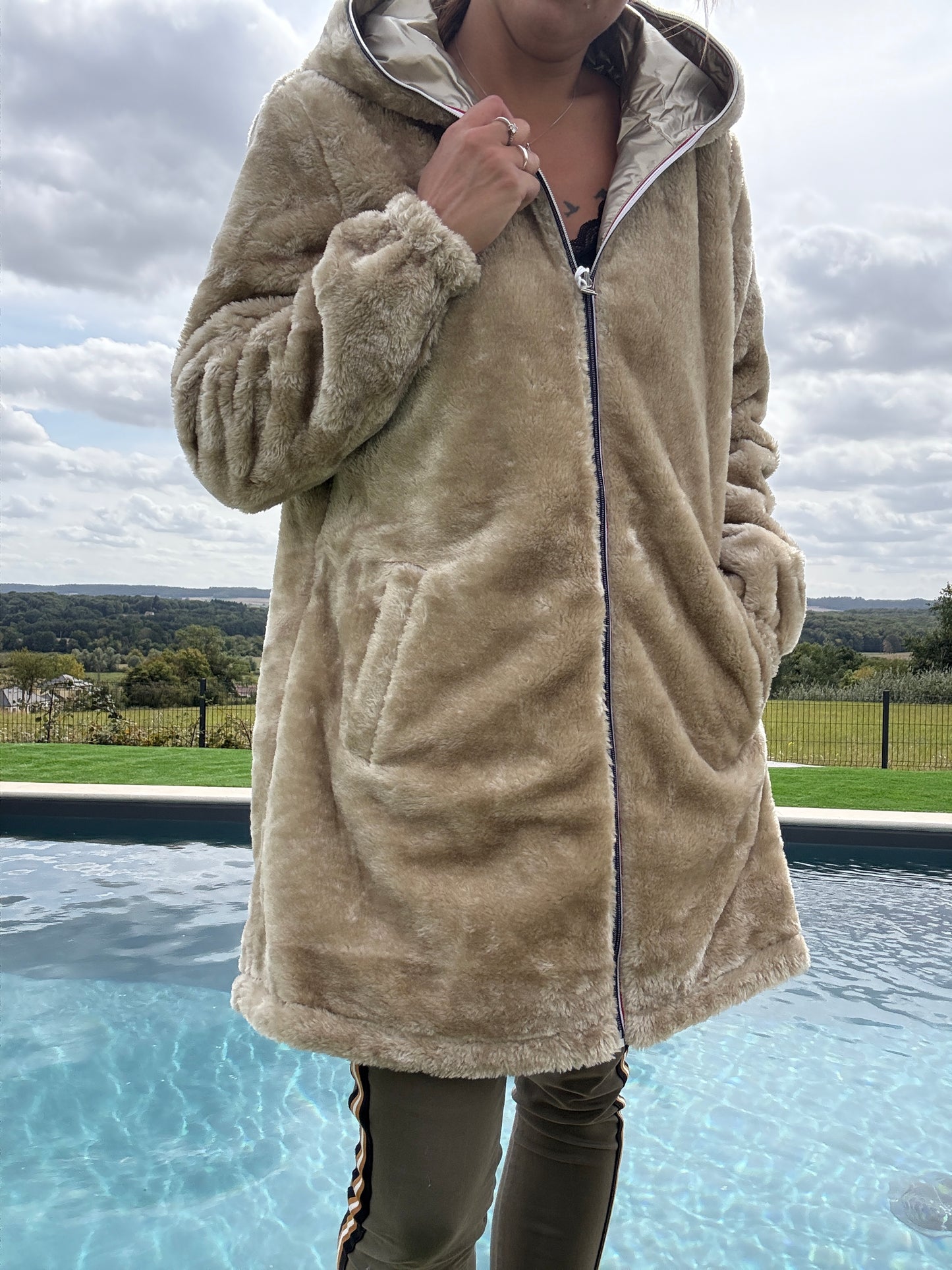 New Lolo - Manteau long doré réversible imperméable fourré fausse fourrure - Curvy