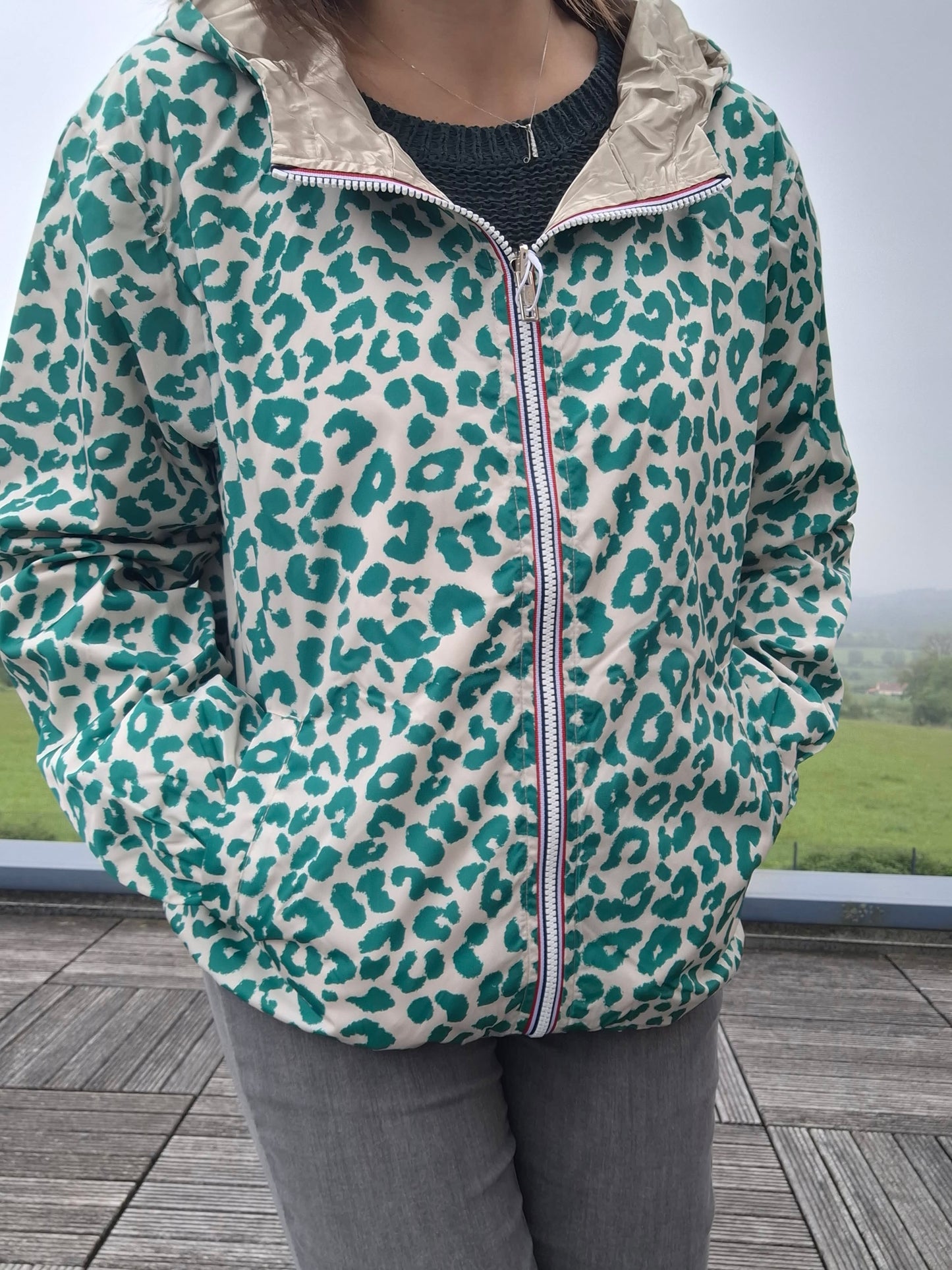 Escandelle - Parka imperméable courte Léopard vert réversible doré
