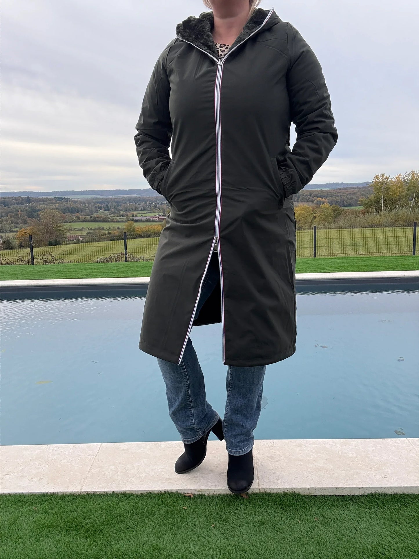 New Lolo - Manteau chaud long hauteur genoux kaki fourré complet réversible imperméable - Curvy