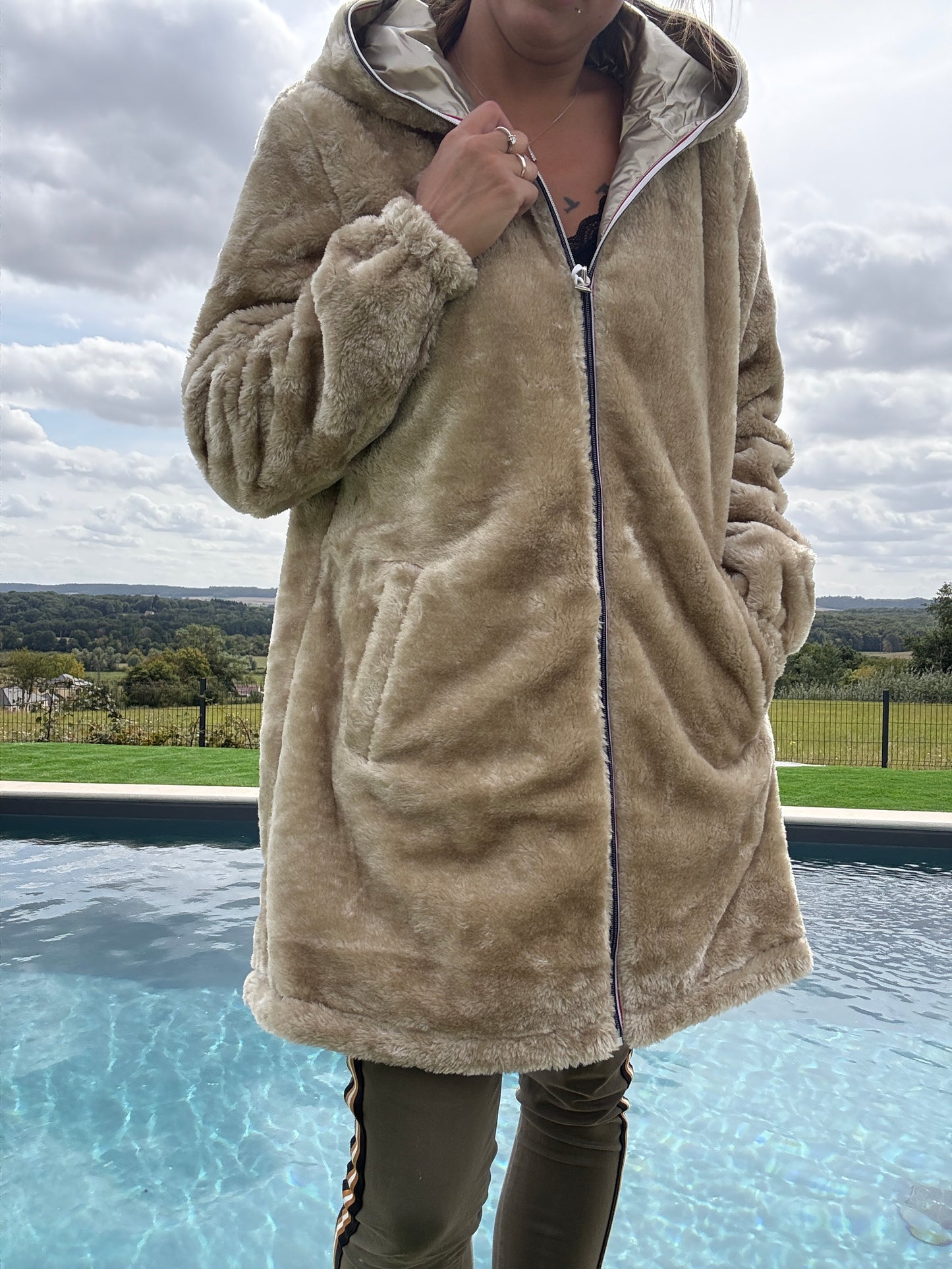 New Lolo - Manteau long doré réversible imperméable fourré fausse fourrure - Curvy