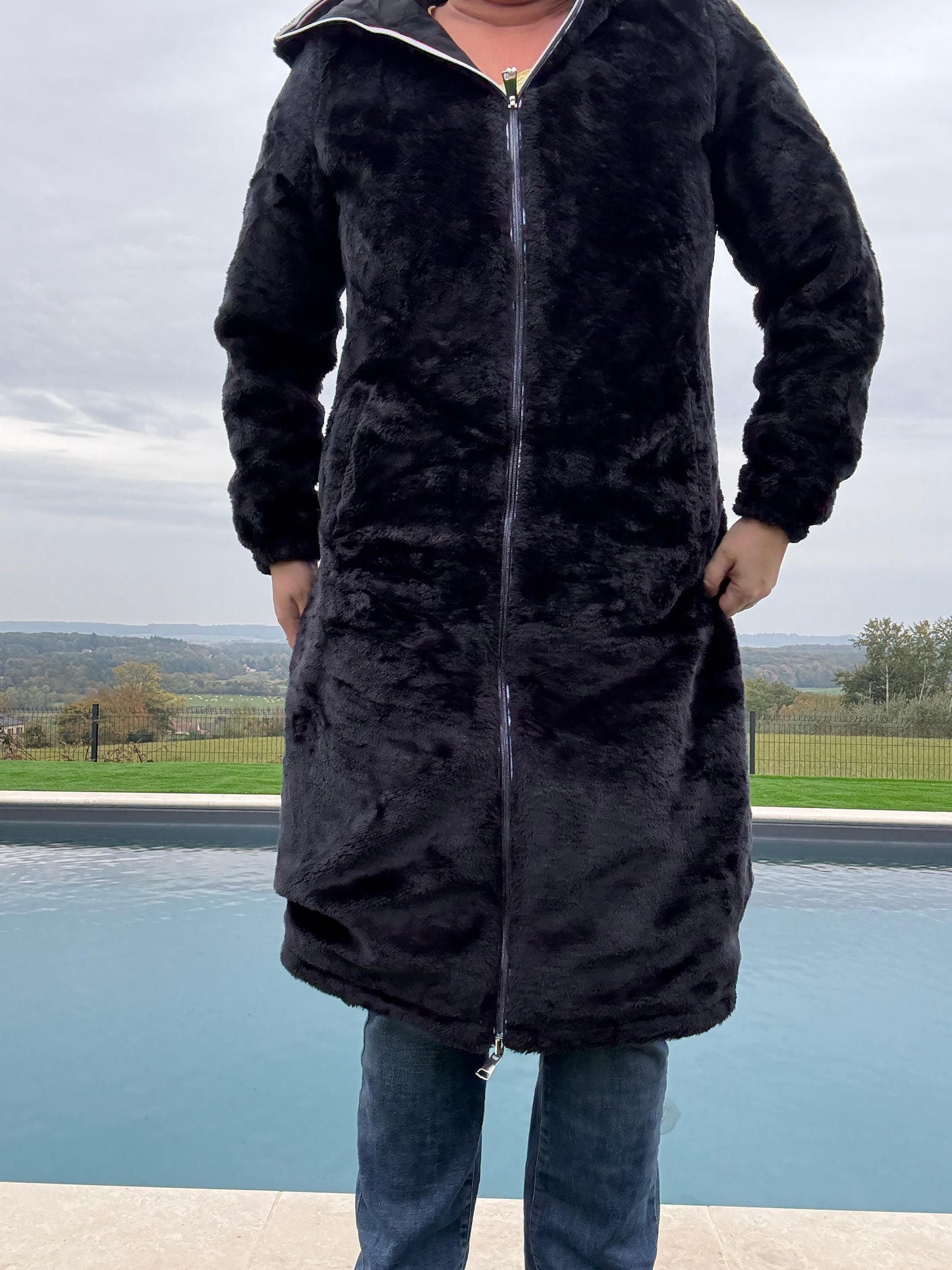 New Lolo - Manteau chaud long hauteur genoux noir fourré complet réversible imperméable