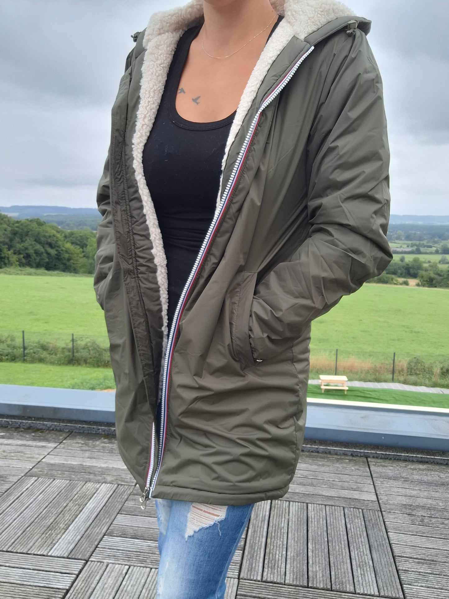 Laura Jo - Imperméable fourré long fausse fourrure kaki intérieur sherpa beige