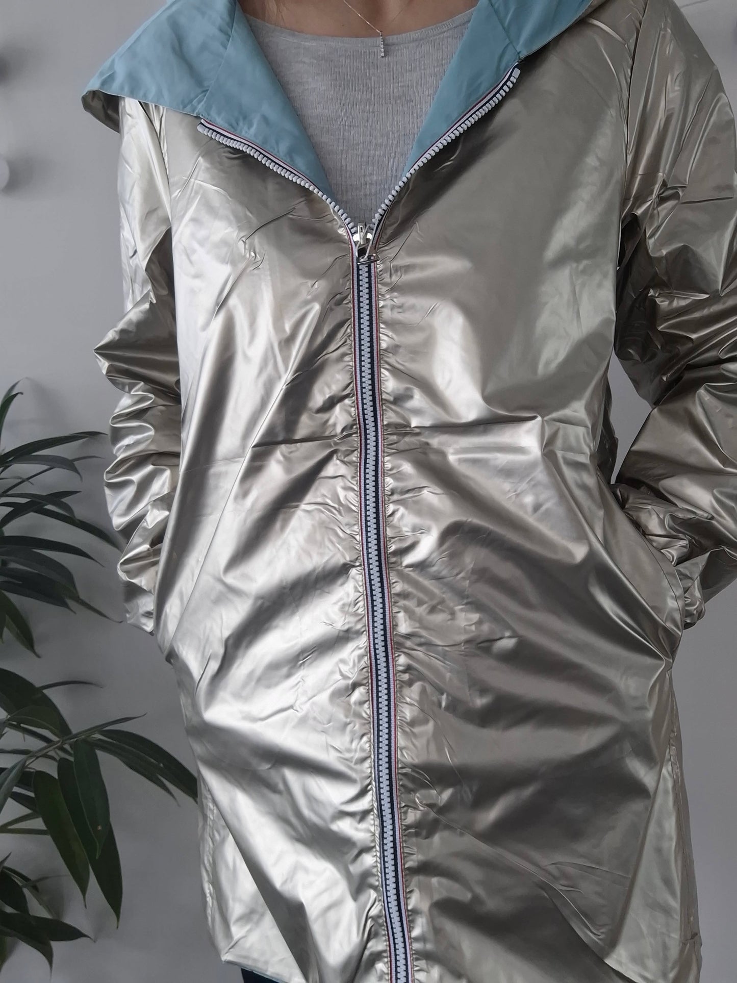 Melya Melody - Imperméable réversible mi-long sans garnissage ouate couleur bleu ciel/doré