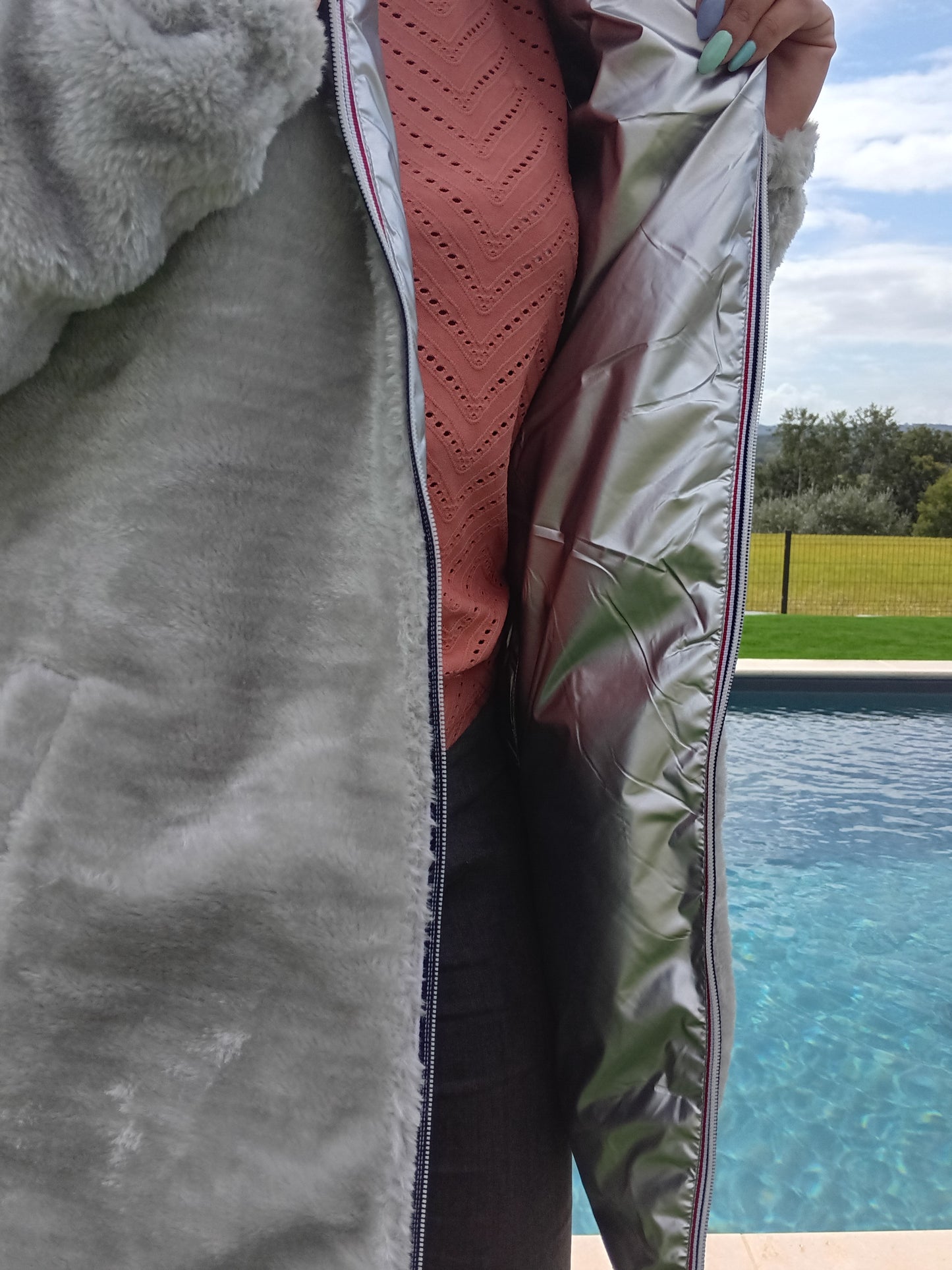New Lolo - Manteau long argenté réversible imperméable fourré fausse fourrure