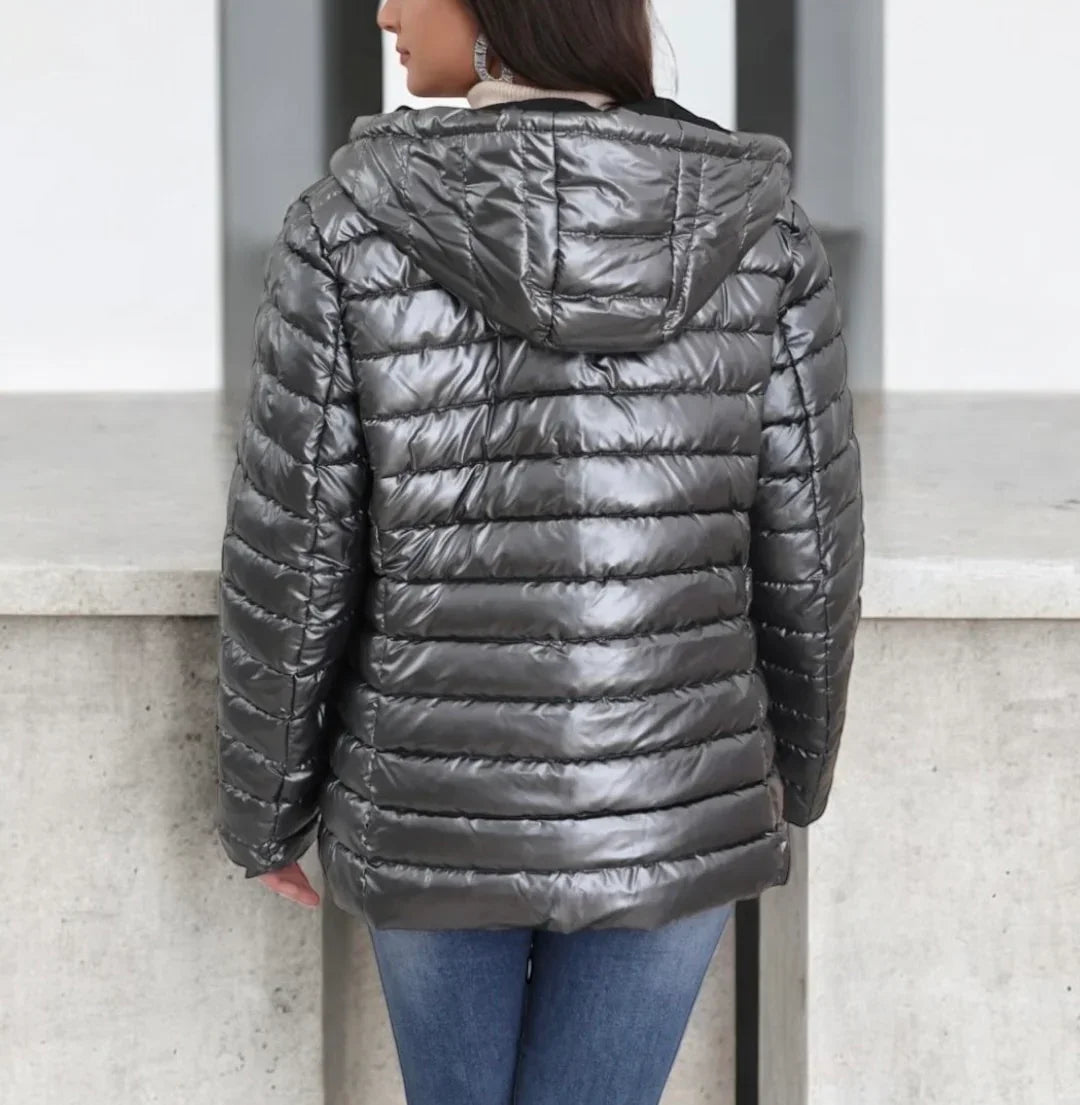 Melya Melody - Manteau court noir réversible et imperméable matelassé argenté brillant