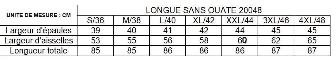 Laura Jo raincoat size chart in centimeters with shoulder, armpit, and total length at Le Petit Placard