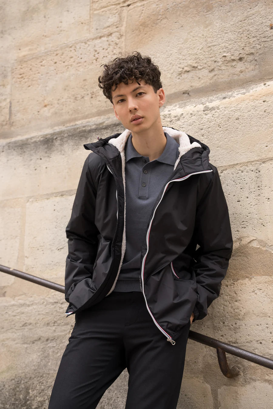 Laura Jo - Manteau imperméable noir HOMME fourré court, doublé en sherpa blanc