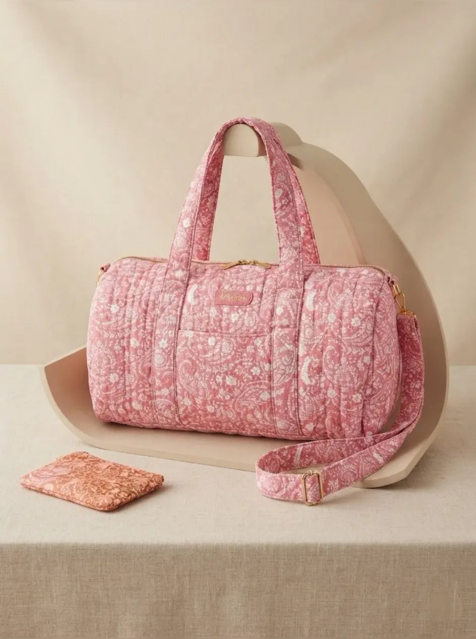 Sac Polochon Matelassé Fleuri Rose