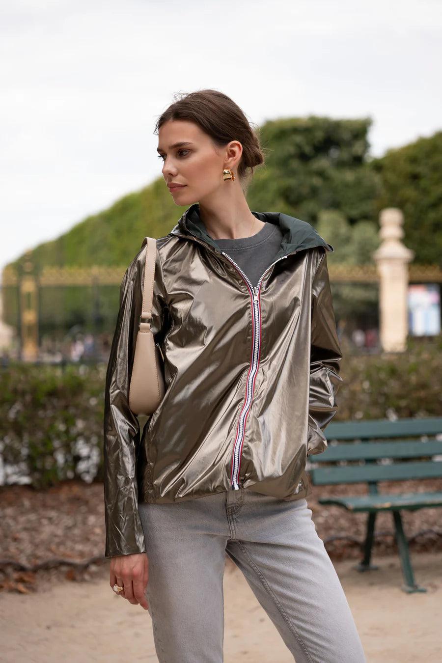 Laura Jo - Imperméable réversible court sans garnissage ouate couleur vert forêt/doré