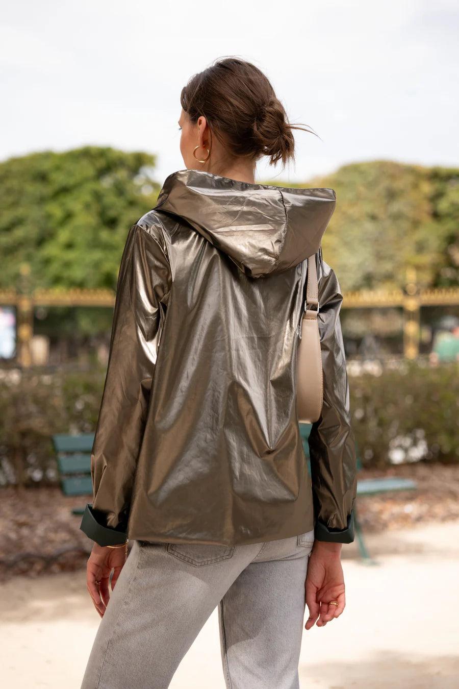 Laura Jo - Imperméable réversible court sans garnissage ouate couleur vert forêt/doré