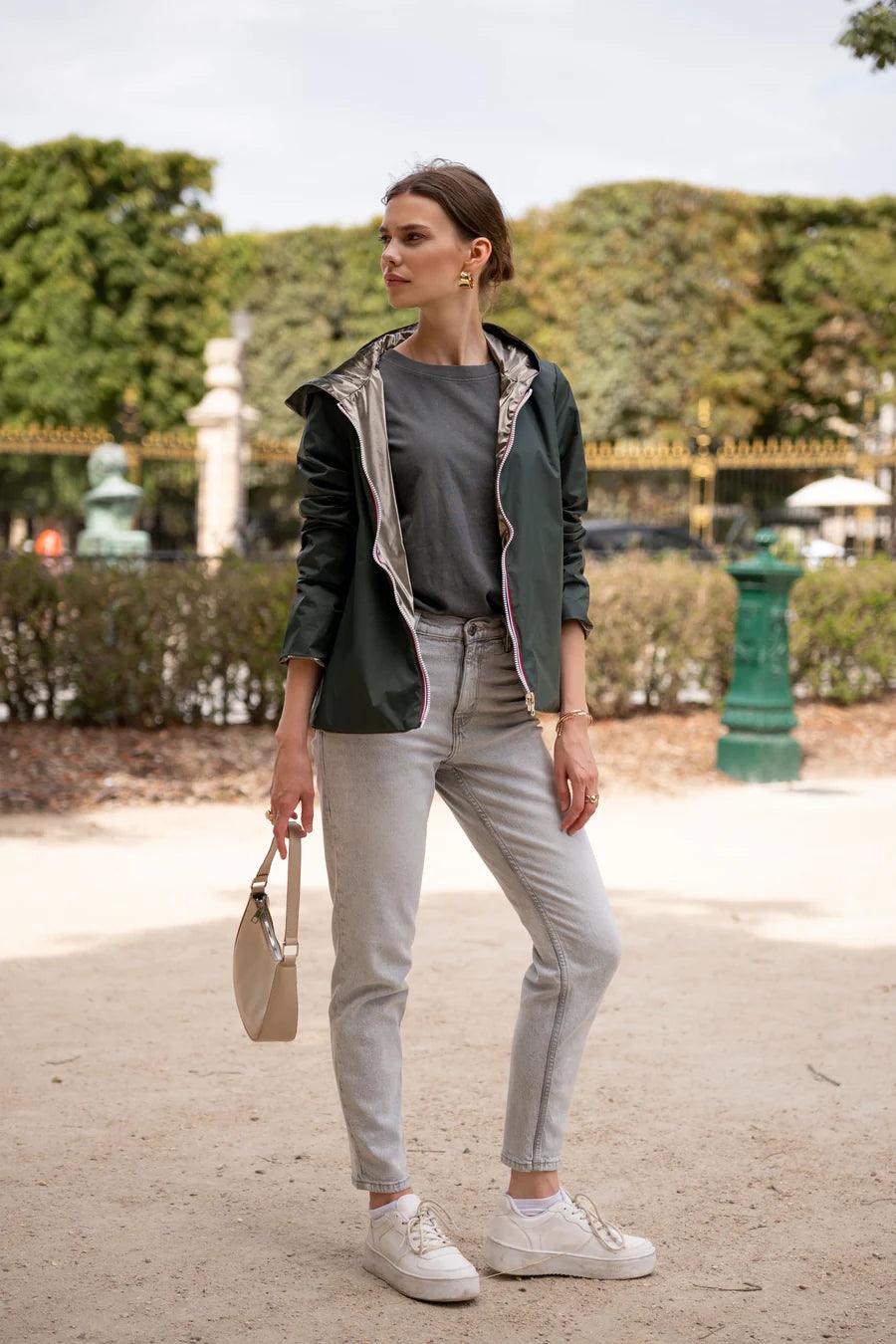 Laura Jo - Imperméable réversible court sans garnissage ouate couleur vert forêt/doré