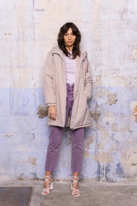 Laura Jo - Imperméable long doublé en fausse fourrure cordon tricolore couleur beige