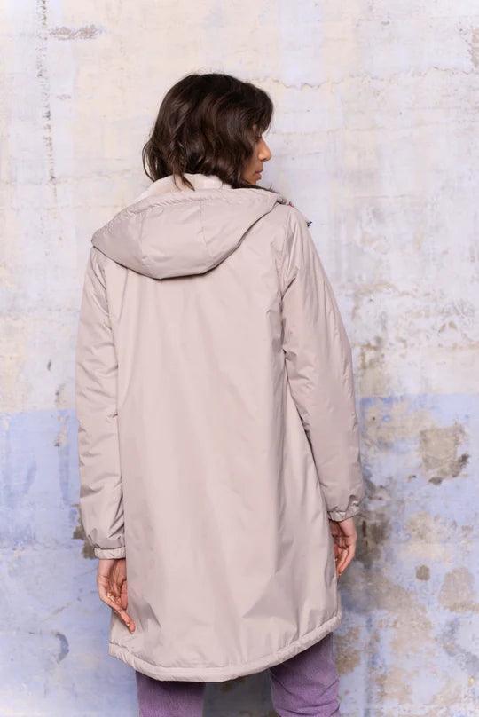 Laura Jo - Imperméable long doublé en fausse fourrure cordon tricolore couleur beige