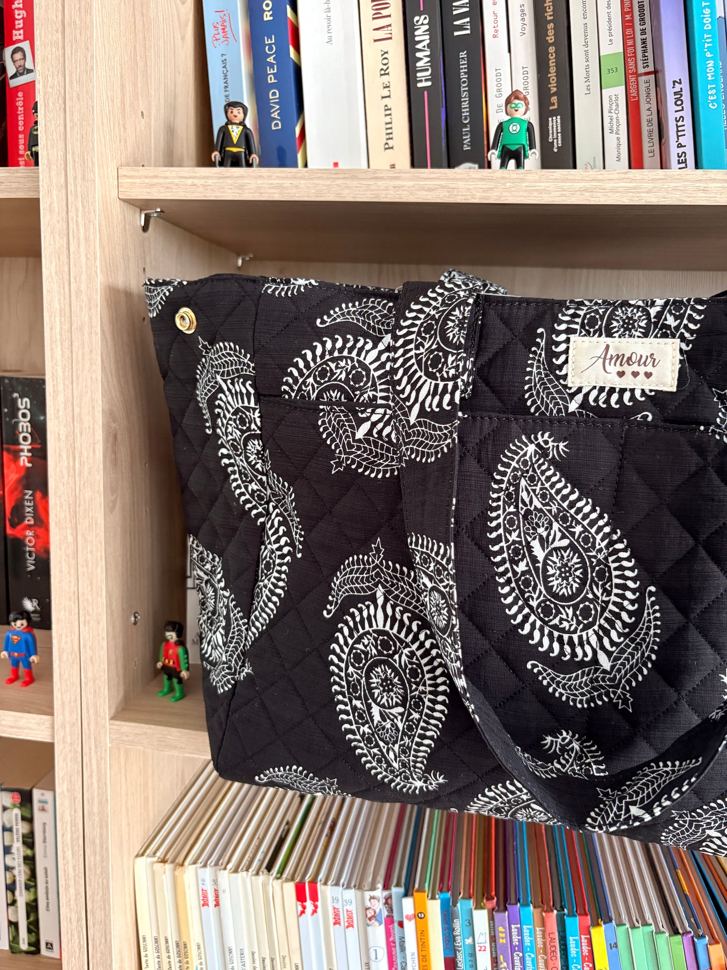 Sac Polochon Noir Motif Paisley Blanc - Week-end Voyage Femme