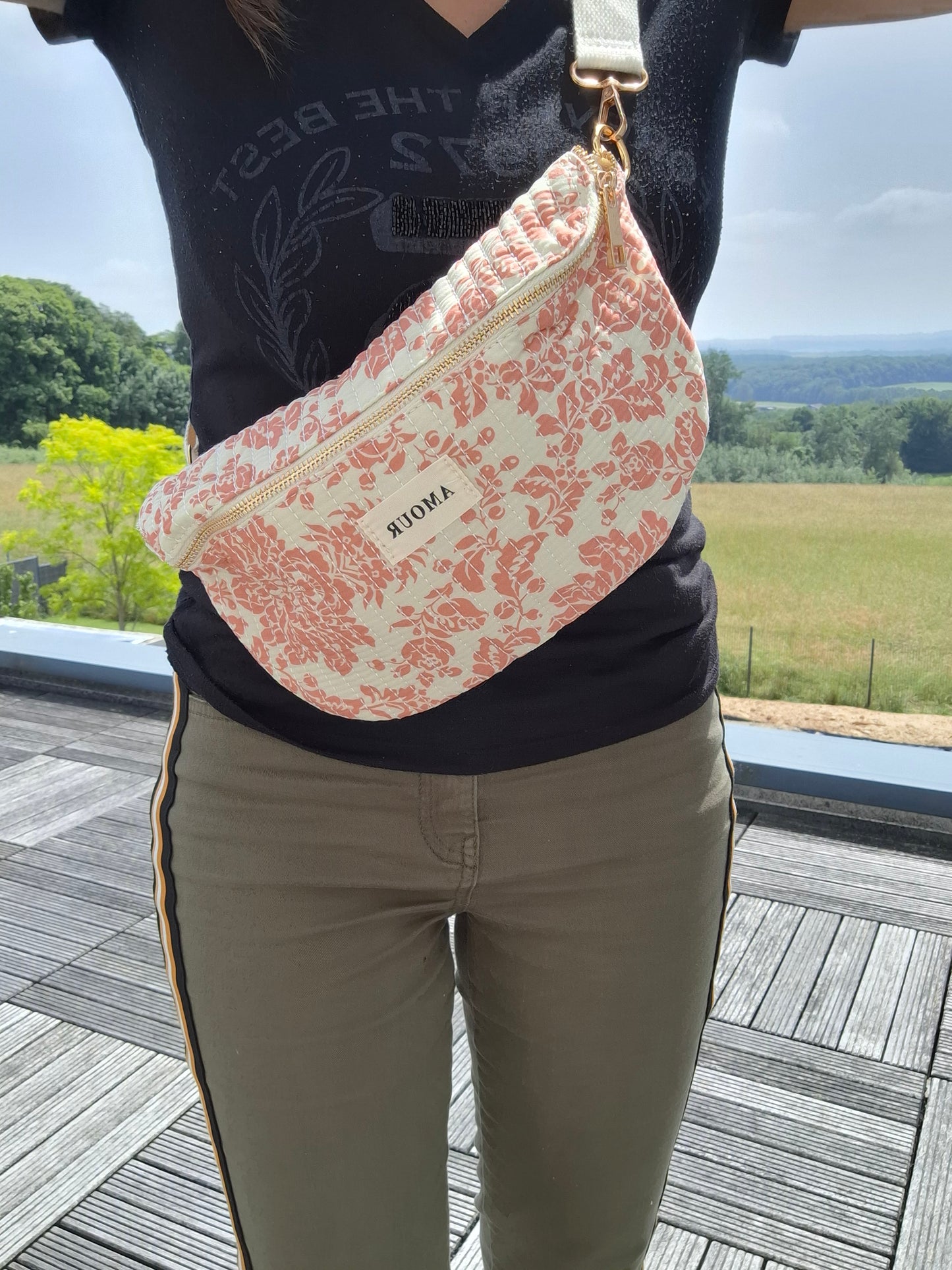 Sac banane coton matelassé blanc liberty fleuri corail creme