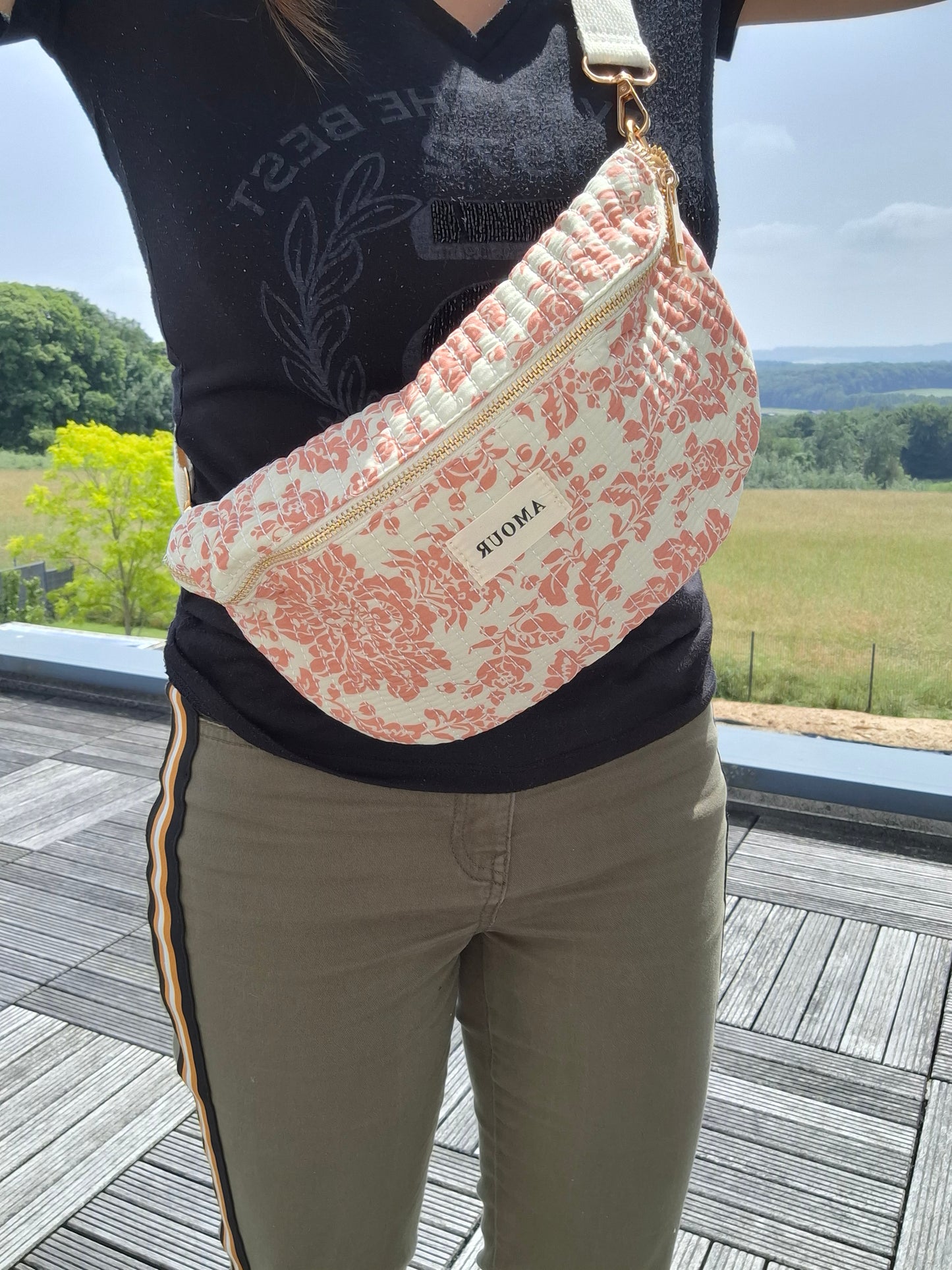 Sac banane coton matelassé blanc liberty fleuri corail creme