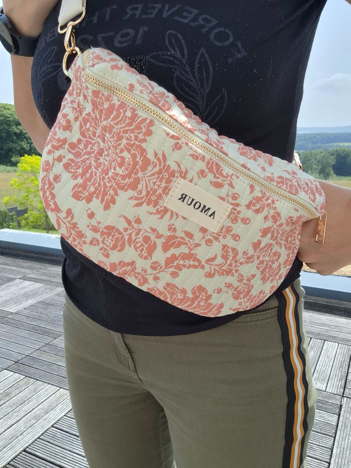 Sac banane coton matelassé blanc liberty fleuri corail creme