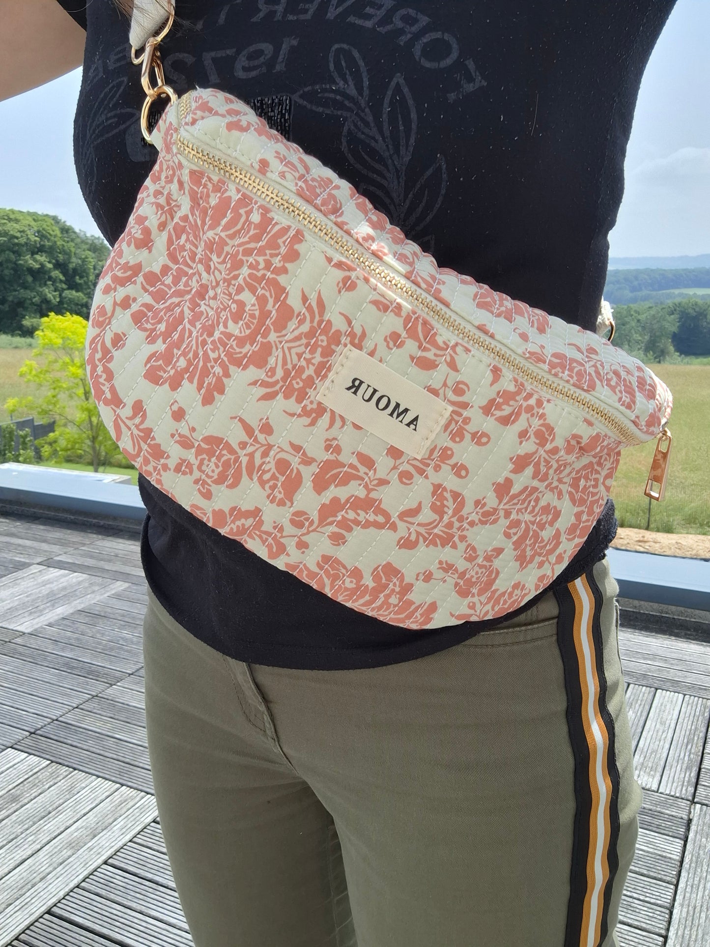 Sac banane coton matelassé blanc liberty fleuri corail creme