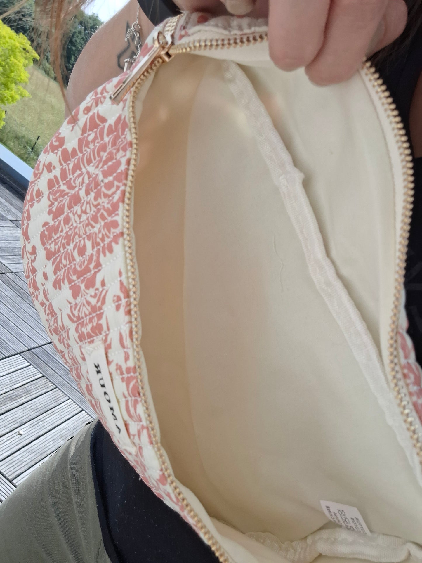 Sac banane coton matelassé blanc liberty fleuri corail creme