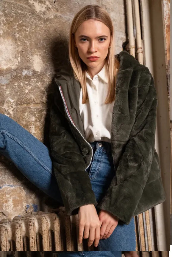 Veste entièrement réversible kaki femme à capuche Laura Jo