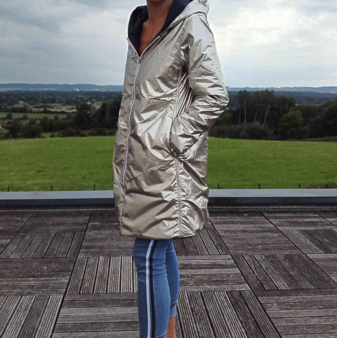 Imperméable réversible long mi-saison garnissage ouate Marque Laura Jo Bleu Marine / Doré - Le Petit Placard