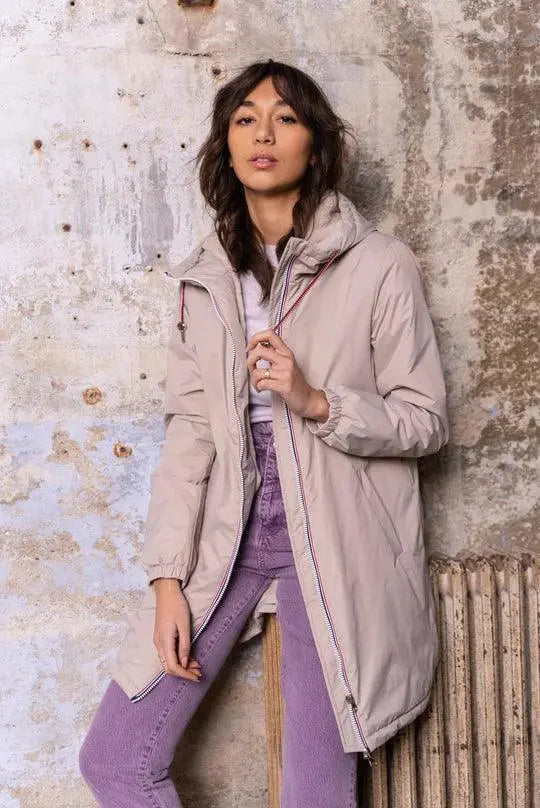 Laura Jo - Imperméable long doublé en fausse fourrure cordon tricolore couleur Beige Laura Jo