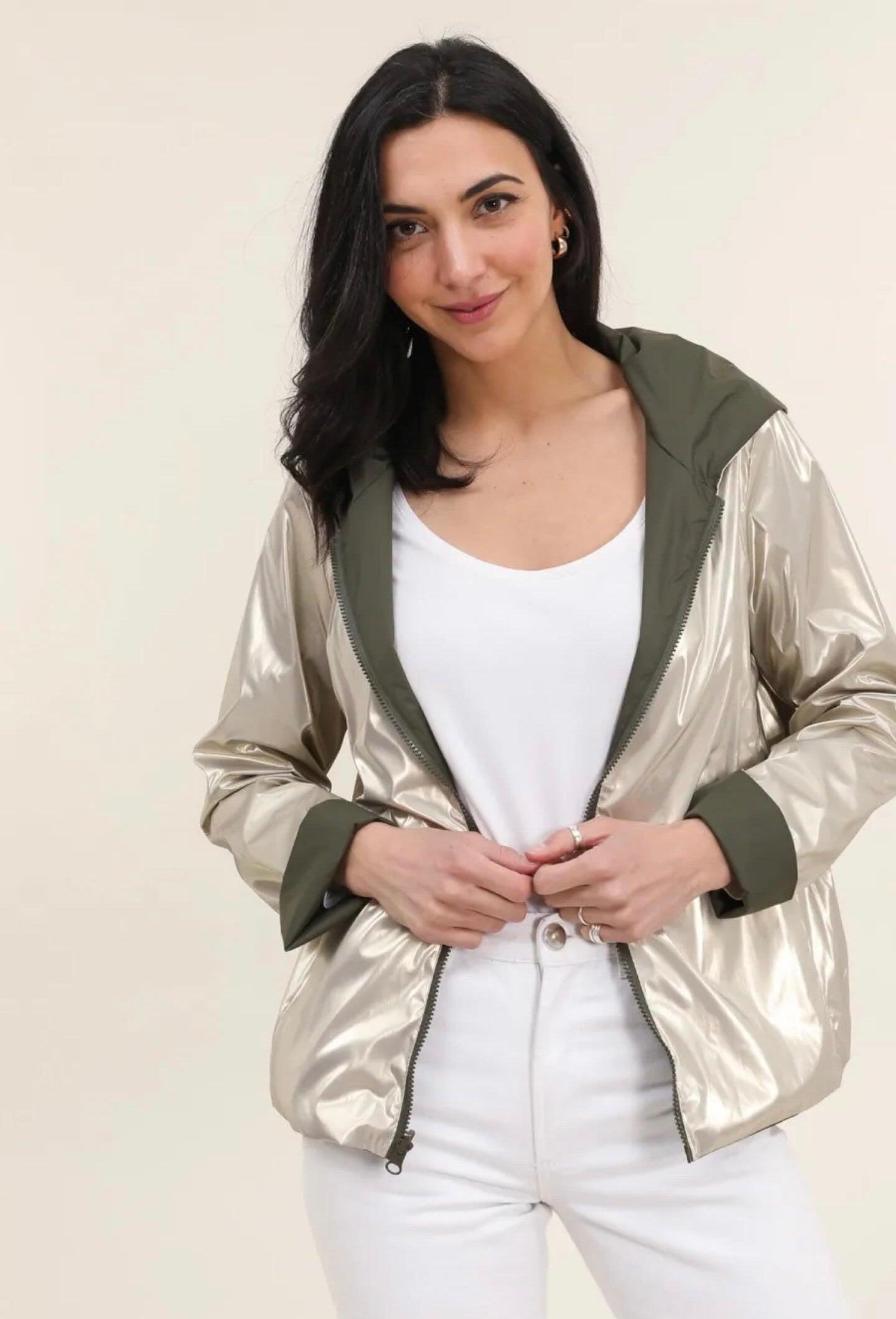 Laura Jo - Parka réversible court sans garnissage ouate couleur kaki doré zip uni - Le Petit Placard