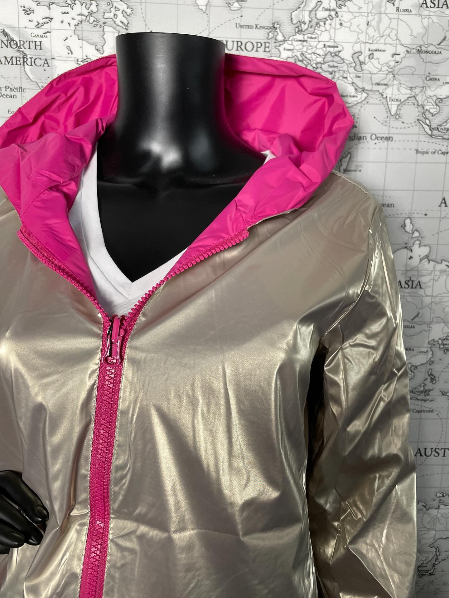 Laura Jo - Parka réversible court sans garnissage ouate couleur rose fuschia doré zip uni - Le Petit Placard