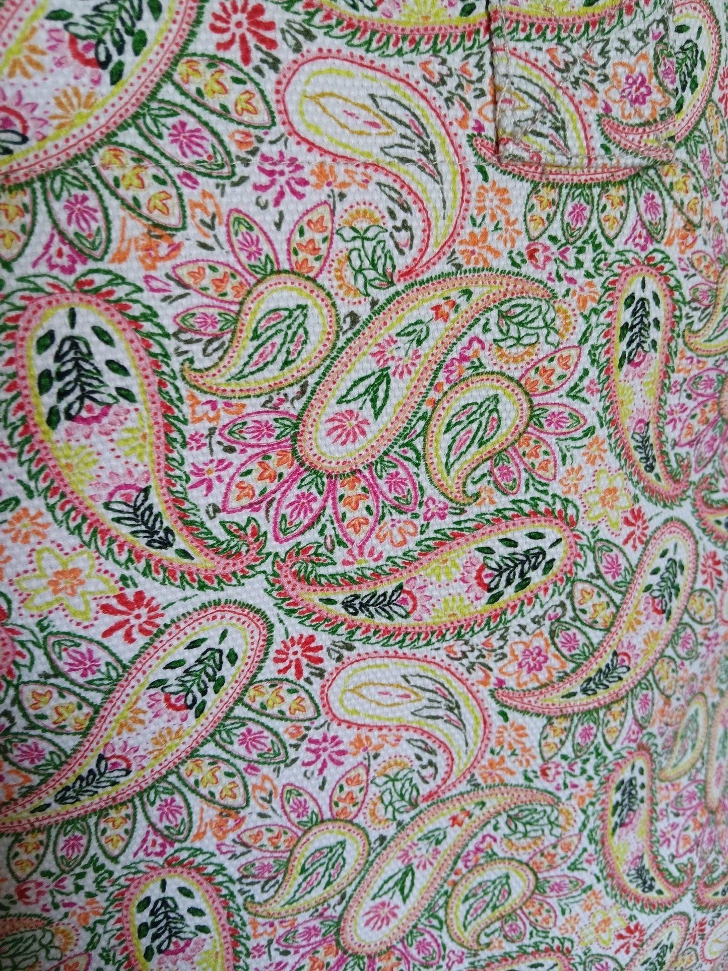Close-up of pink and green paisley pattern bag, Escandelle, Le Petit Placard accessory
