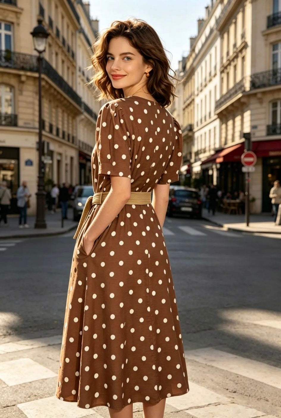 Robe Femme Pois Beige Marron – Manches Bouffantes, Col V, Ceinture Paille | Robe Été Chic Vintage