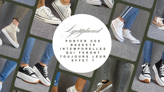 Le Petit Placard collage of women’s trendy sneakers and high-top shoes with modern minimalist style, gray background.