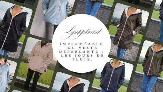 Collage of women wearing Laura Jo raincoats and waterproof jackets, Le Petit Placard branding.