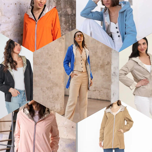 Women modeling Laura Jo raincoats in various colors for Le Petit Placard fashion collection