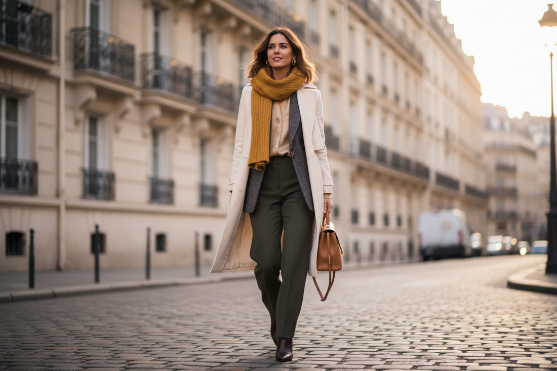 Femme en look street style parisien avec manteau superposé, style élégant et urbain