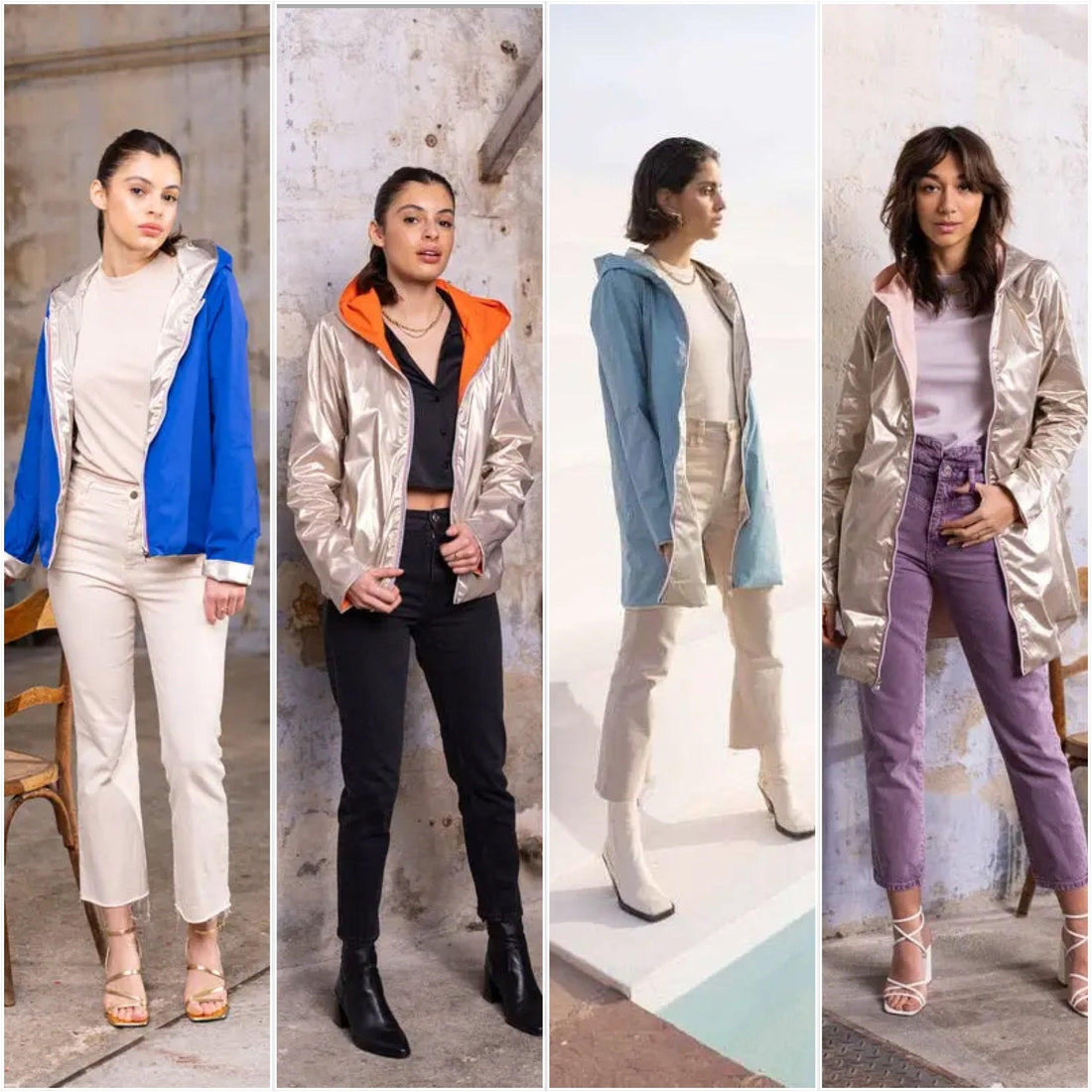 Women modeling reversible raincoats Laura Jo for Le Petit Placard, various stylish colors.