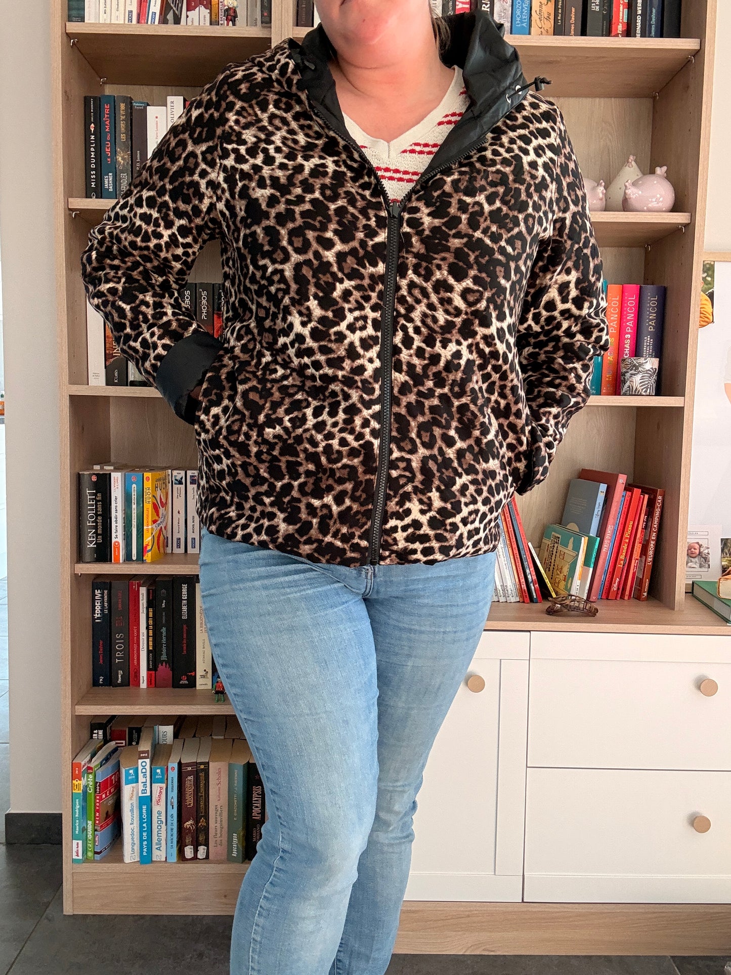 Laura Jo - Imperméable noir réversible léopard court mi-saison garnissage ouate