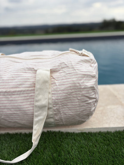 Sac polochon week end de voyage en coton léger rayé beige rouge rose