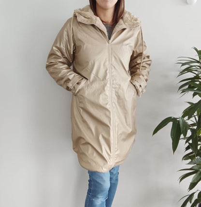 Melya Melody - Manteau long mi cuisses type ciré imperméable fourré réversible doré