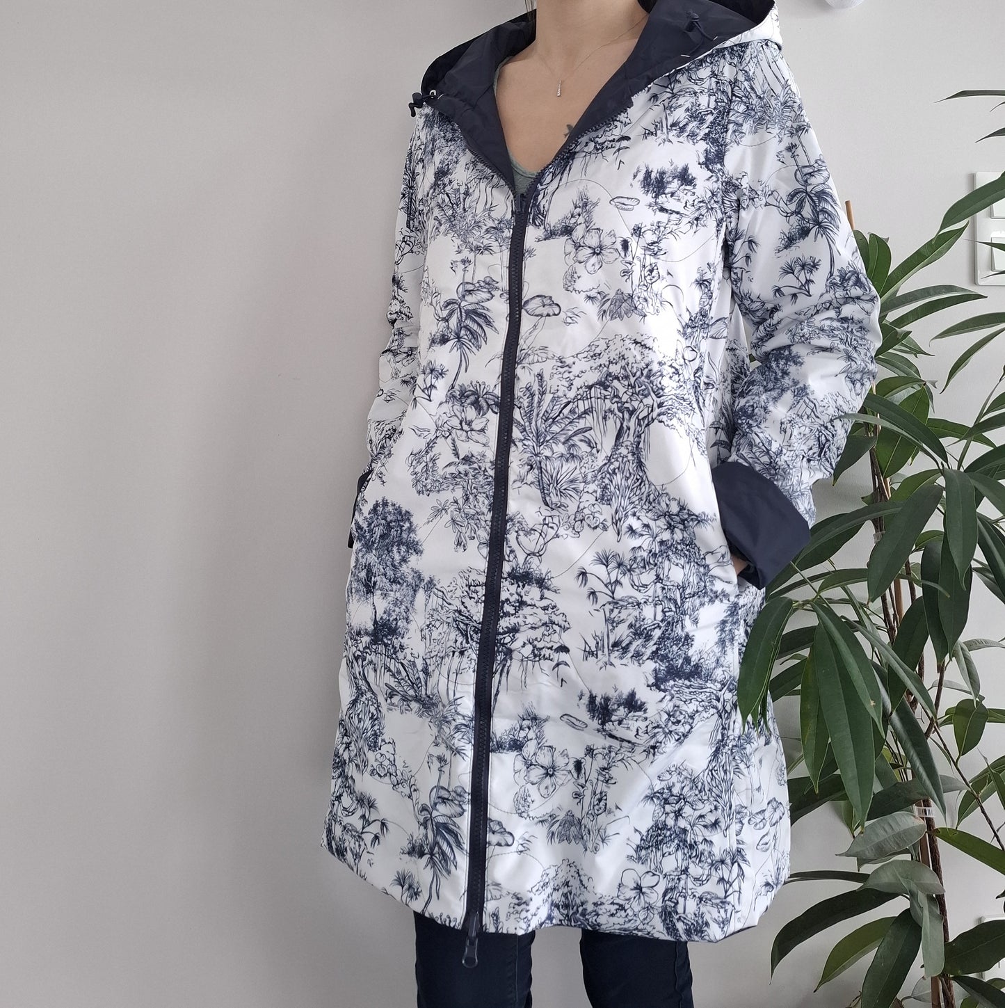 Laura Jo - Imperméable bleu marine réversible motif jungle long mi-saison garnissage ouate