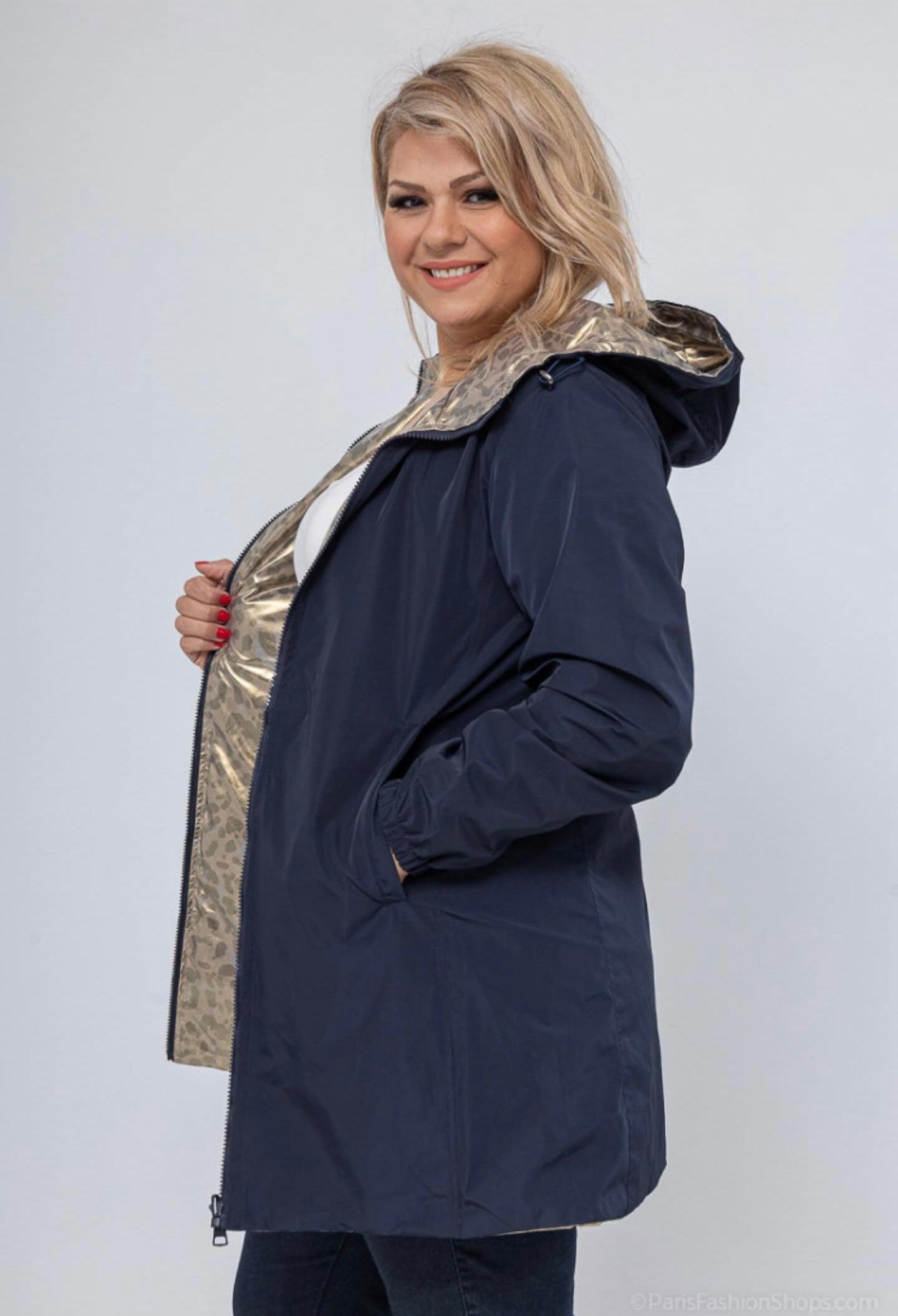 Melya Melody - Parka réversible long sans garnissage ouate couleur bleu marine/léopard - Le Petit Placard