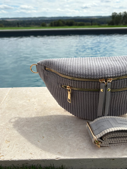 Sac banane velours côtelé 2 poches gris sangle fantaisie