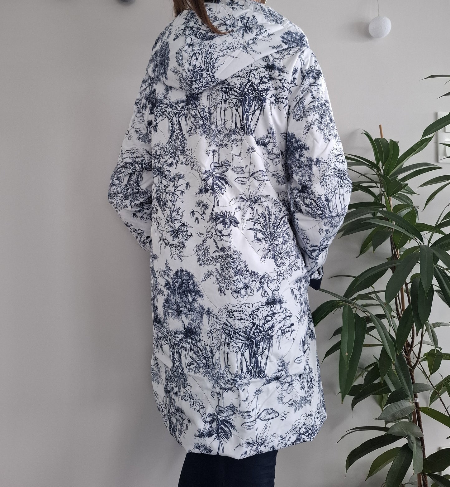 Laura Jo - Imperméable bleu marine réversible motif jungle long mi-saison garnissage ouate