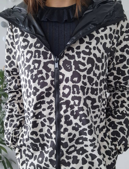 Attrait Paris - Manteau long sans ouate imperméable noir réversible avec motif léopard avec capuche