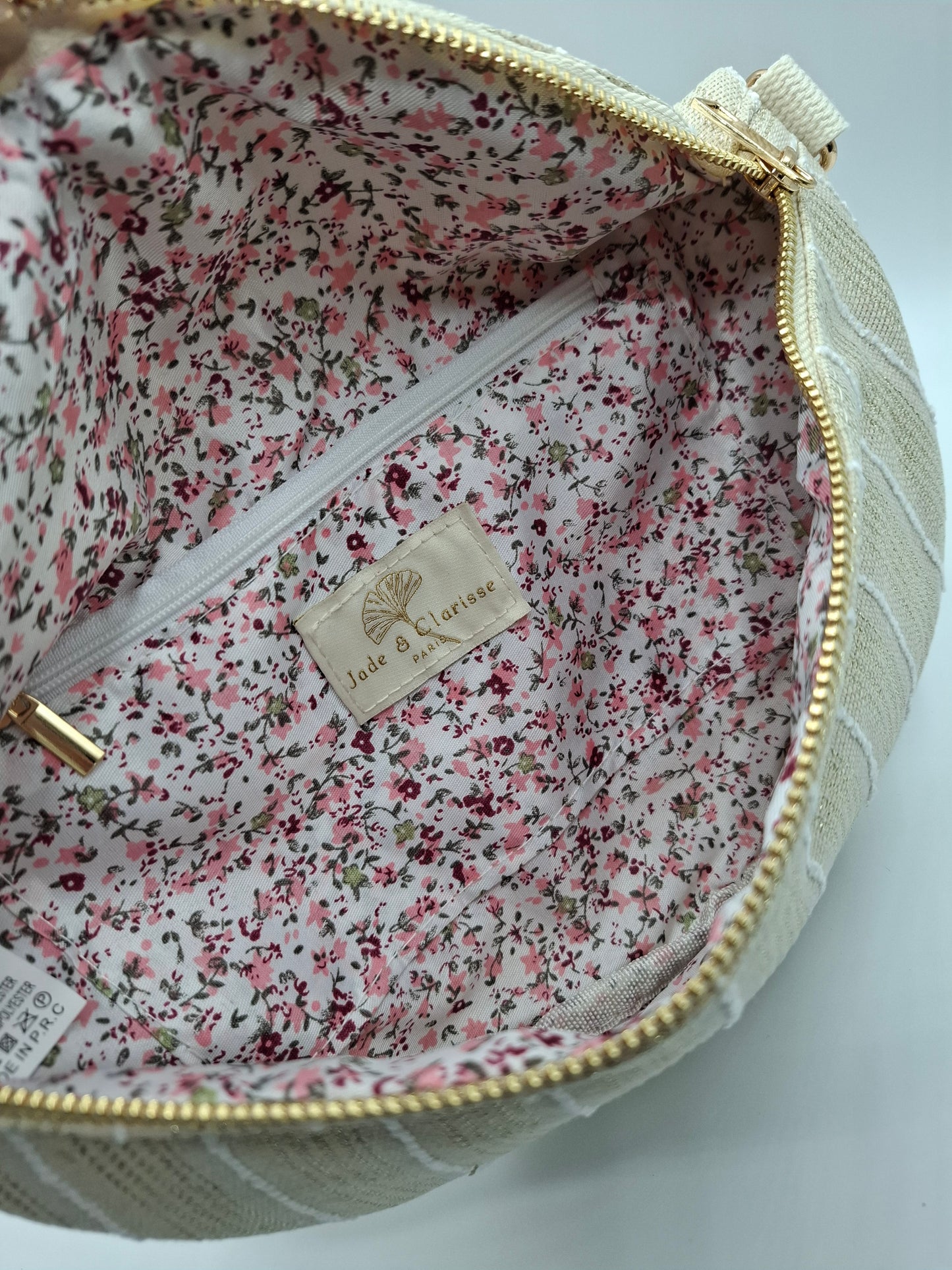 Sac banane en coton tissu bohème beige à rayures blanc doré