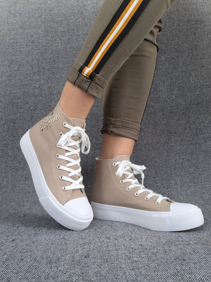 Chaussures baskets hautes tissu beige taupe blanc inscription "LOVE" style converse