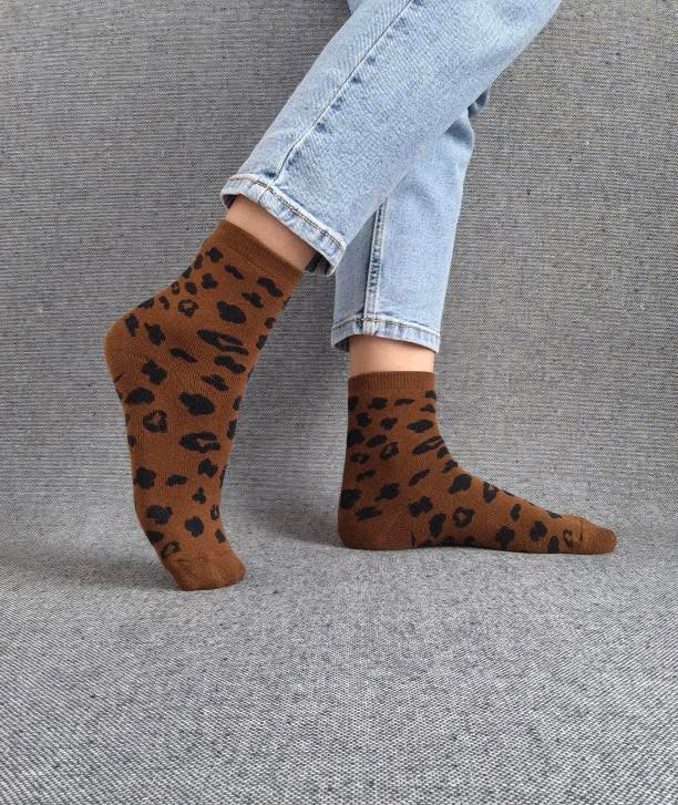 Nouveautés - Chaussettes marron en coton à motif léopard noir