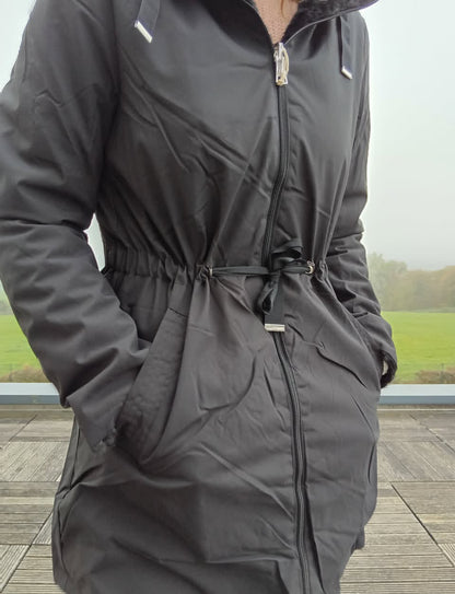 New Lolo - Manteau long NOIR zip uni réversible, imperméable et complètement fourré resserrable à la taille