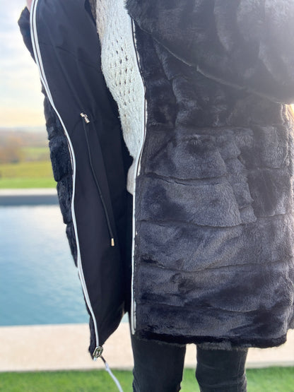 New Lolo - Manteau long noir réversible imperméable fourré fausse fourrure avec un cordon de resserrage à la taille - Curvy